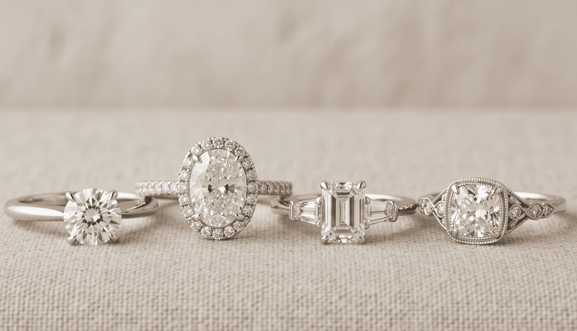 Popular engagement ring styles including solitaire, halo, three-stone and vintage-inspired designs