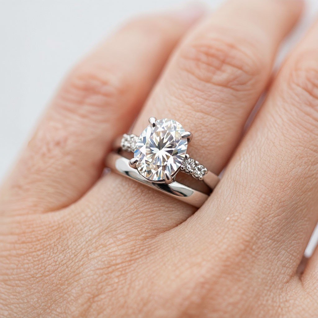 Oval engagement ring paired with wedding band in Canada
