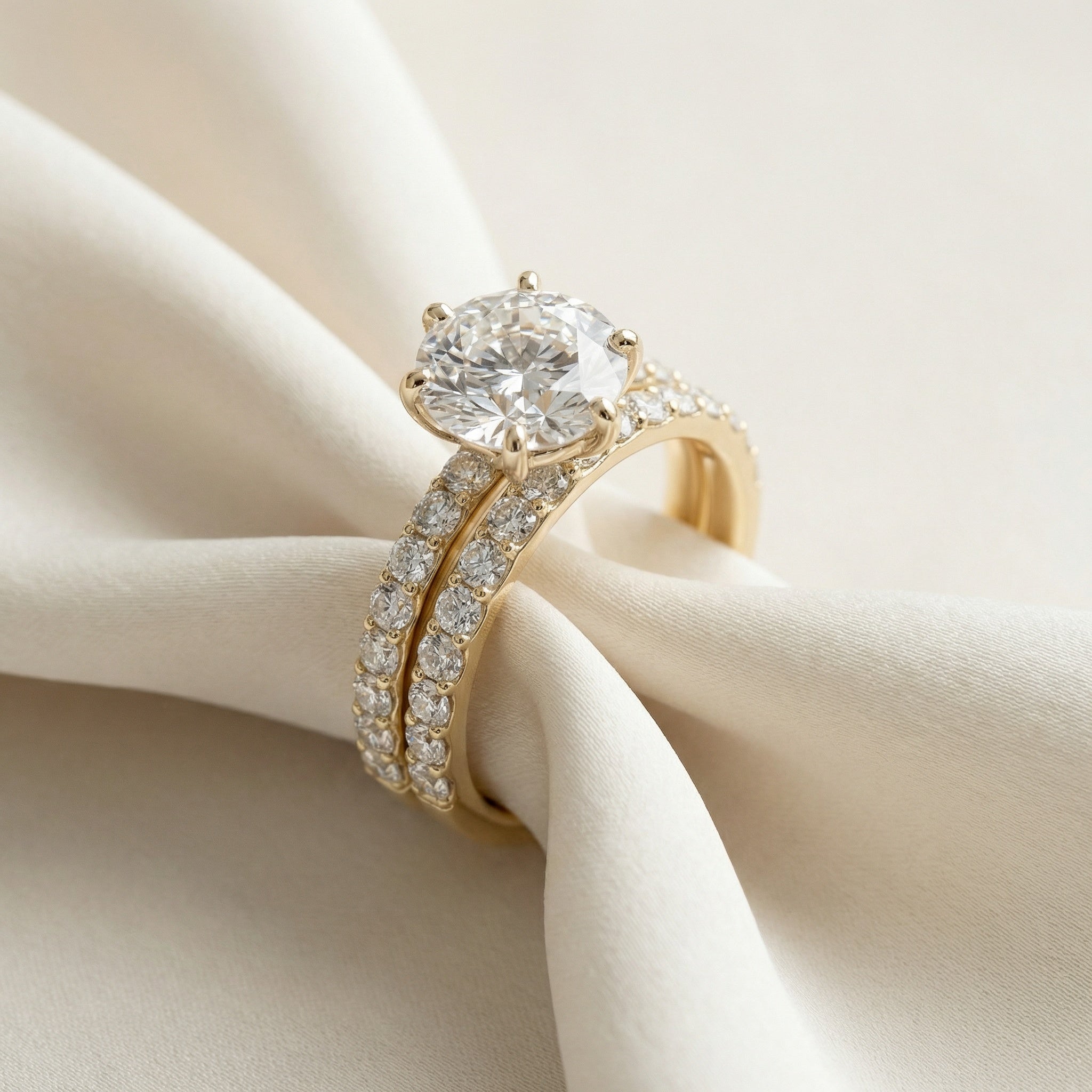 LUX-51329-E Round Brilliant Cut Six Claw Pave Engagment Ring With Diamonds On The Claws