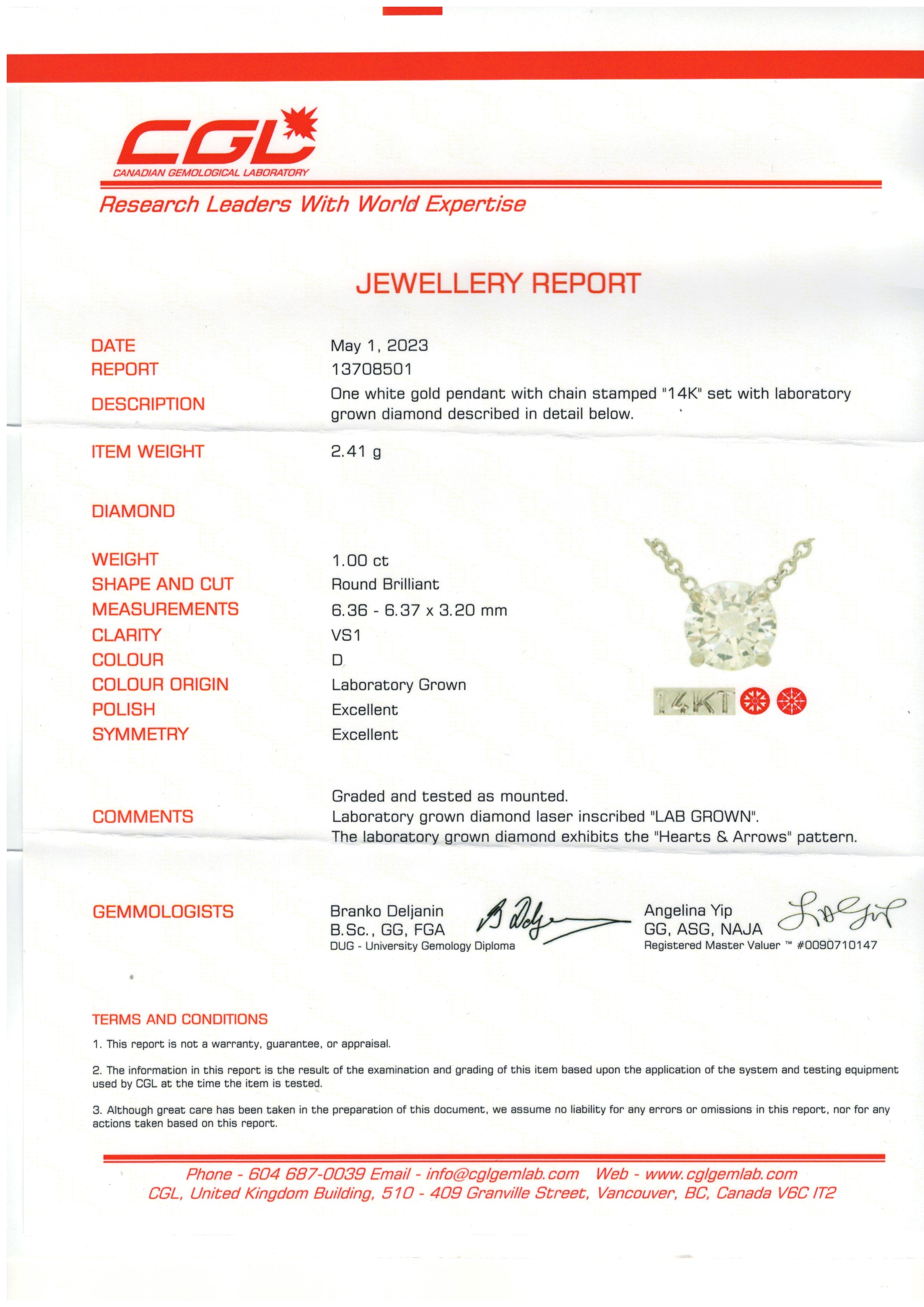 1CT Round Brilliant Lab Diamond Solitaire Necklace