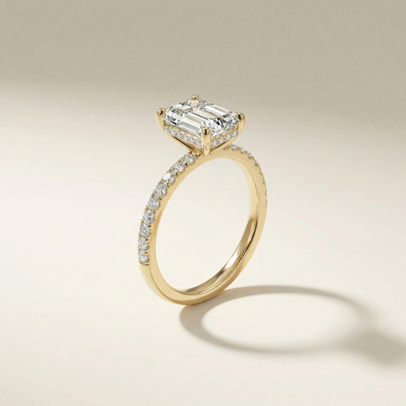 LUX-51163-E Emerald Cut Hidden Halo Pave Engagement Ring Luxury Diamonds