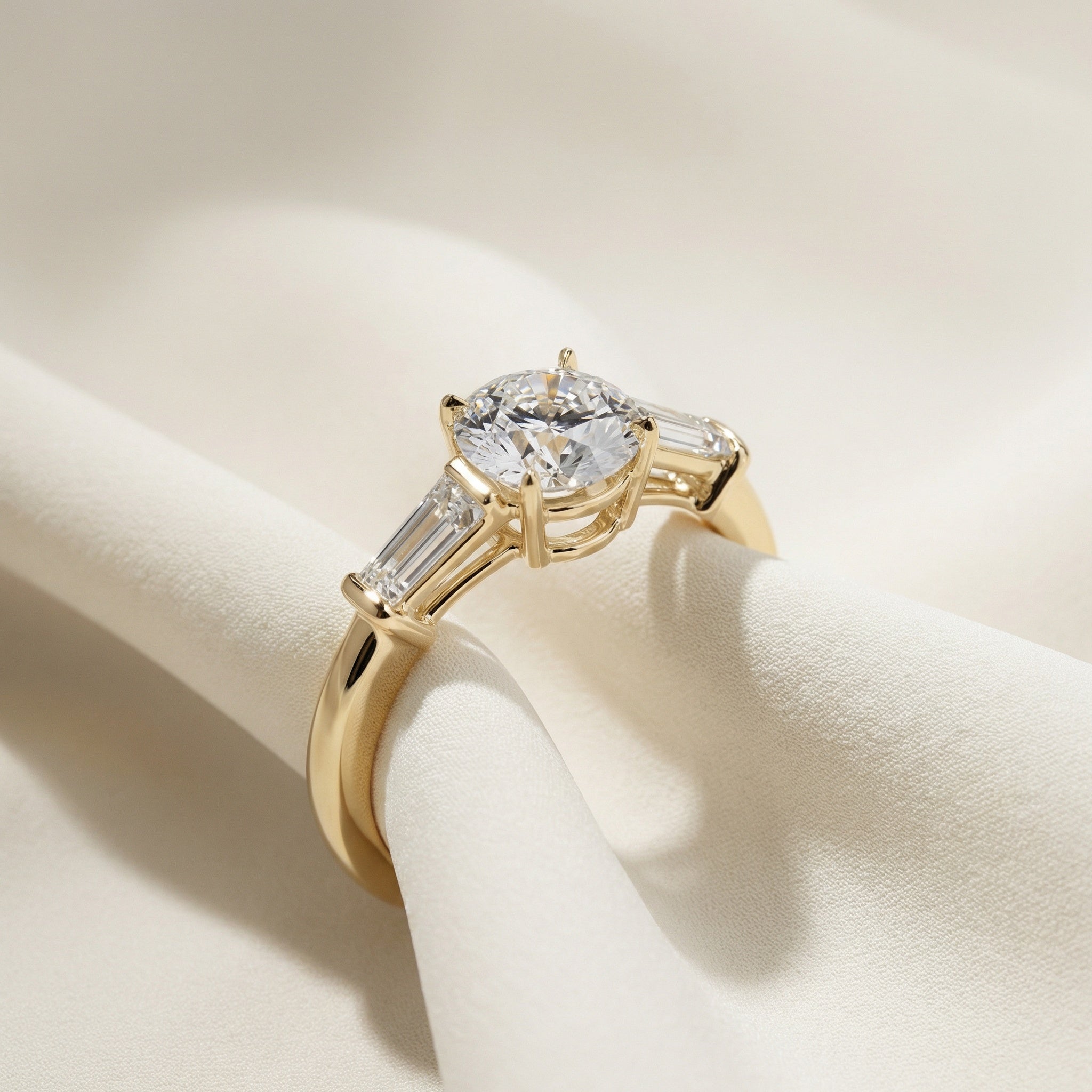 LUX-85330 Round Cut Three Stone Engagement Ring With Tapered Baguettes Luxury Diamonds