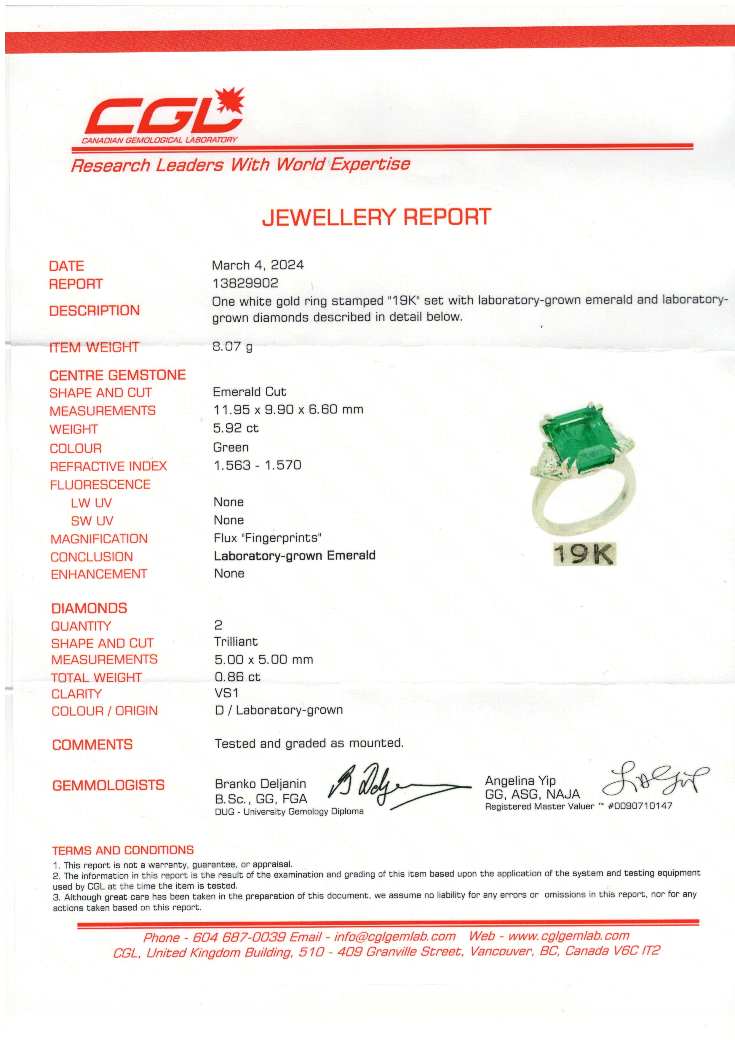 5.92CT Emerald & Lab Diamond Three Stone Ring