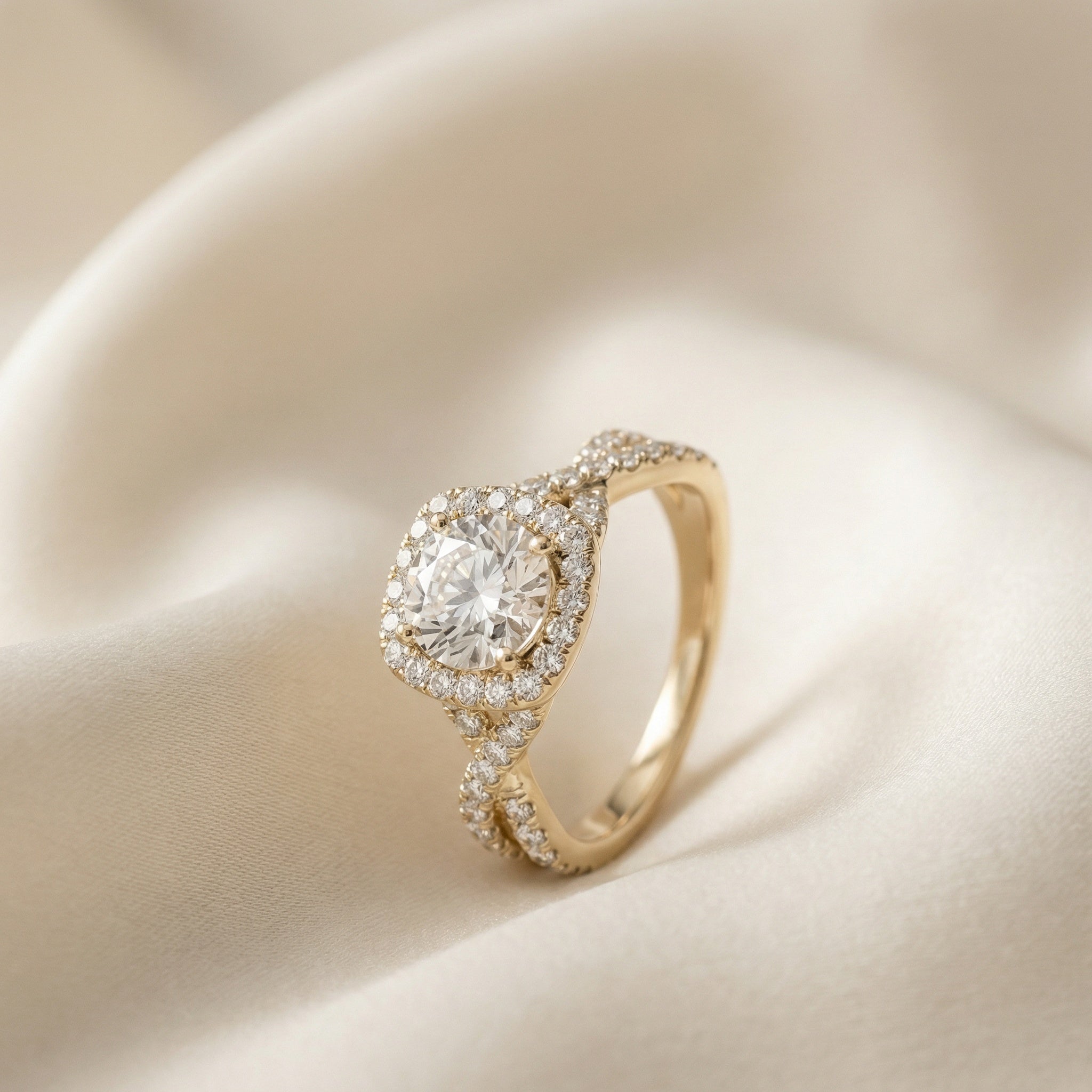 LUX-51078-E-1 Round Brilliant Cut Halo Engagement Ring With a Twisted Shank