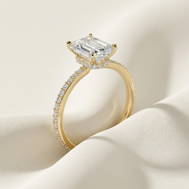 LUX-85294 Emerald Cut Pave Engagement Ring With a Diamond Collar
