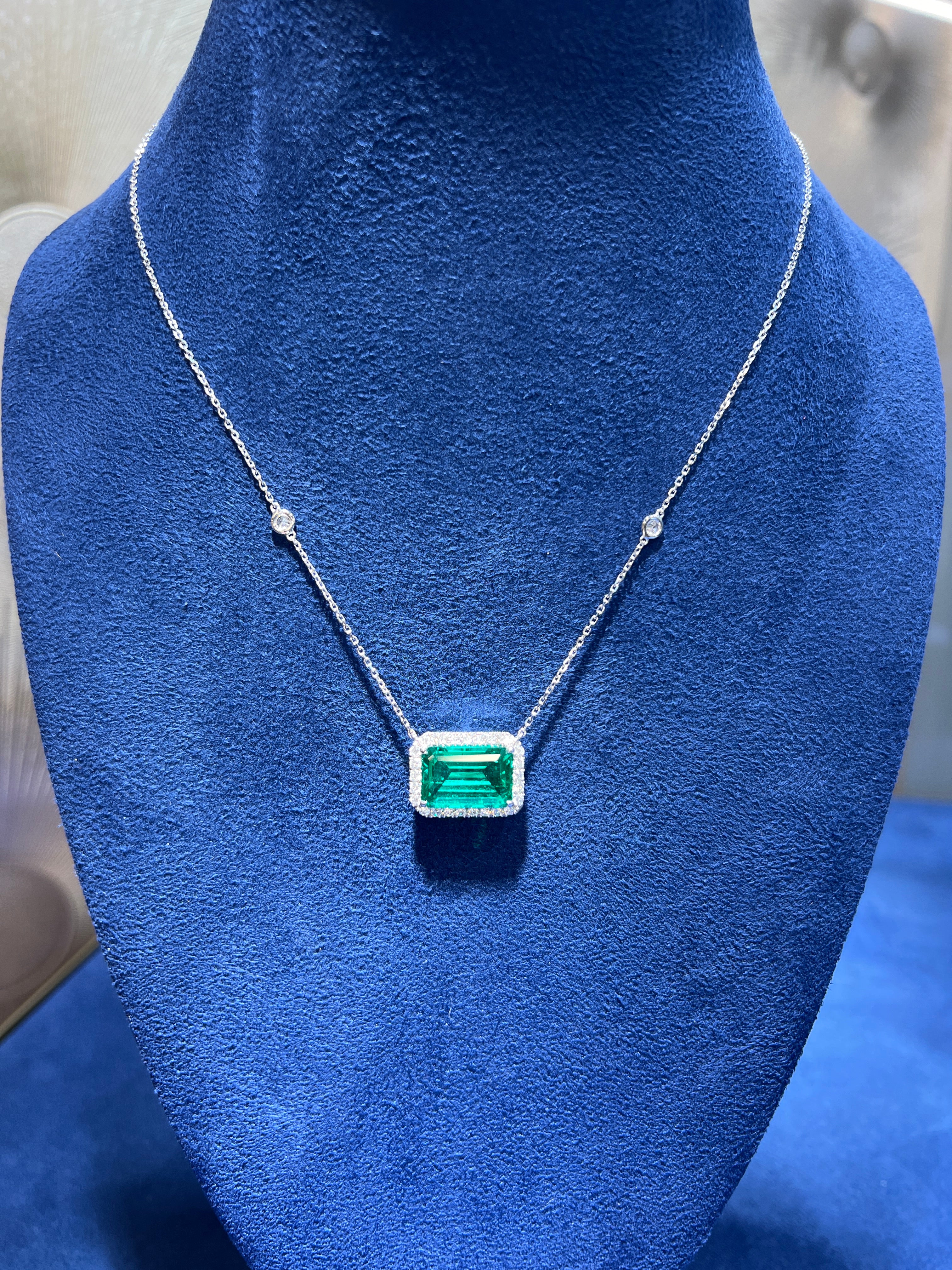 7.24CT Lab Emerald Cut Emerald Diamond Halo Necklace