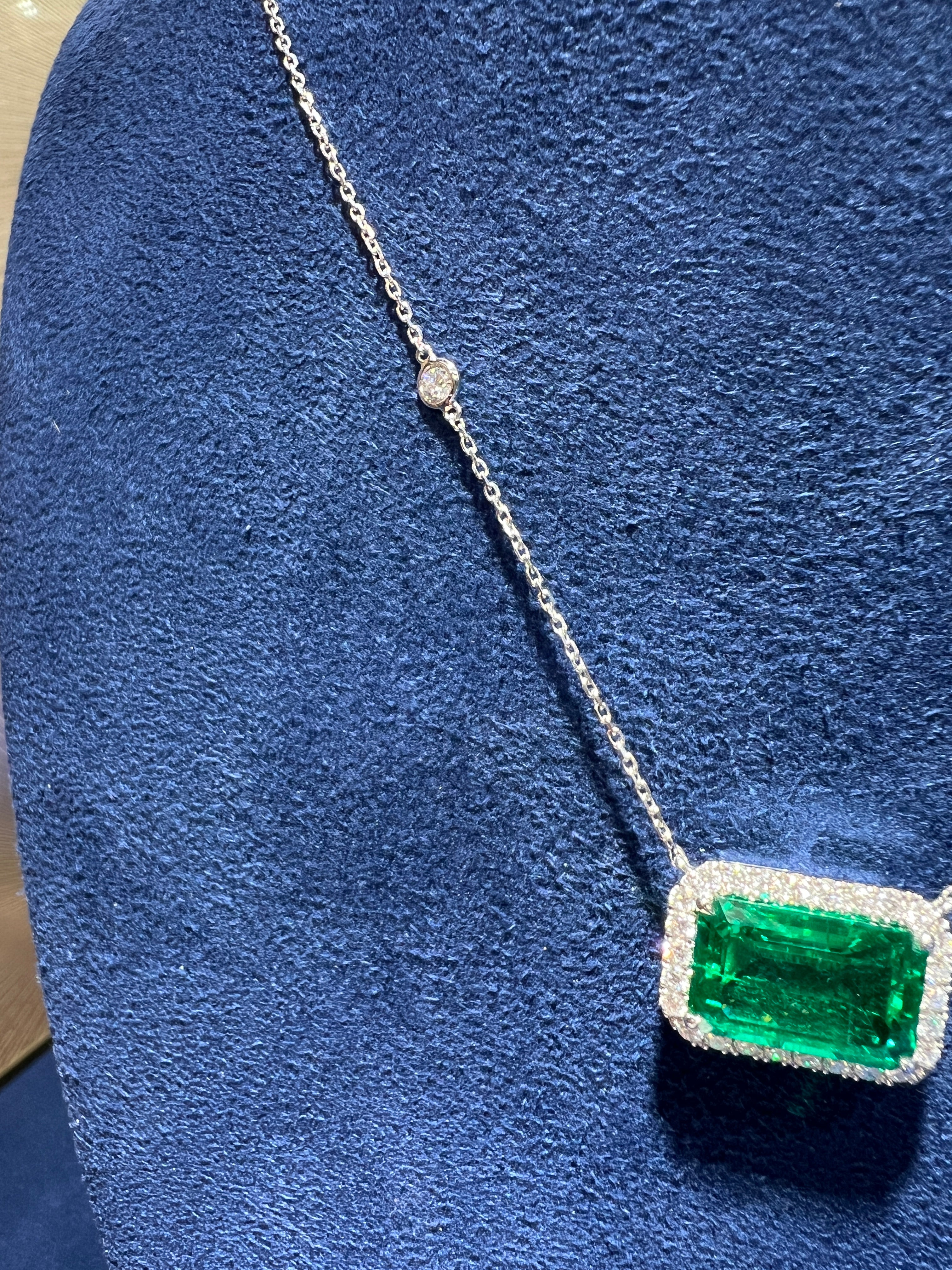 7.24CT Lab Emerald Cut Emerald Diamond Halo Necklace