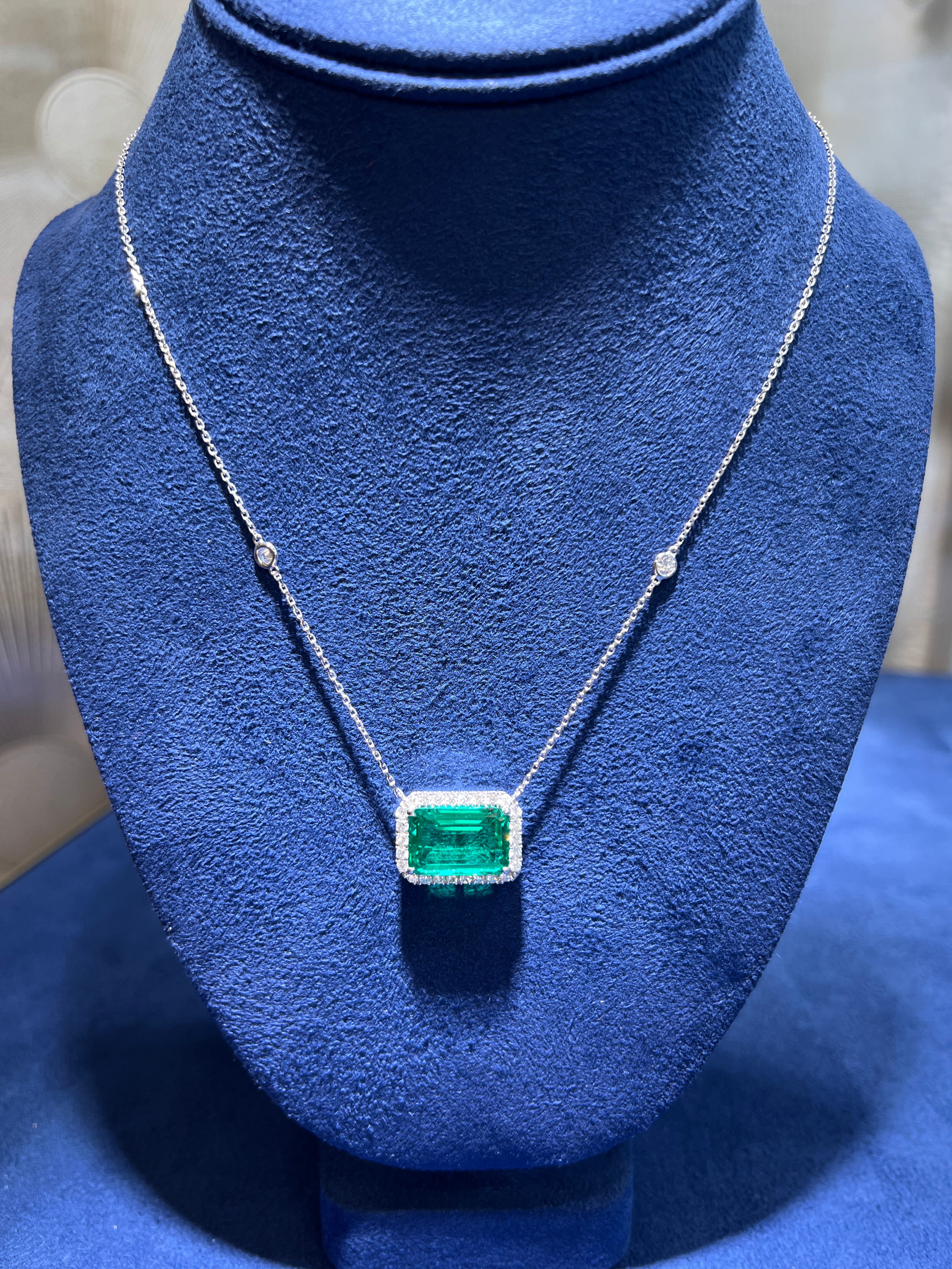 7.24CT Lab Emerald Cut Emerald Diamond Halo Necklace