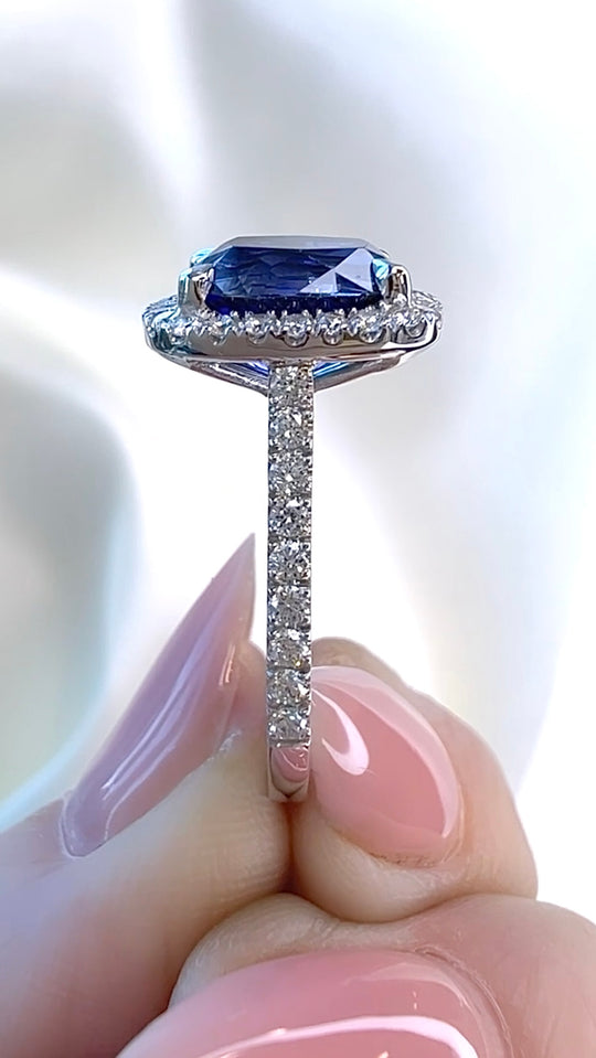 2.88CT Blue Sapphire Diamond Halo Ring