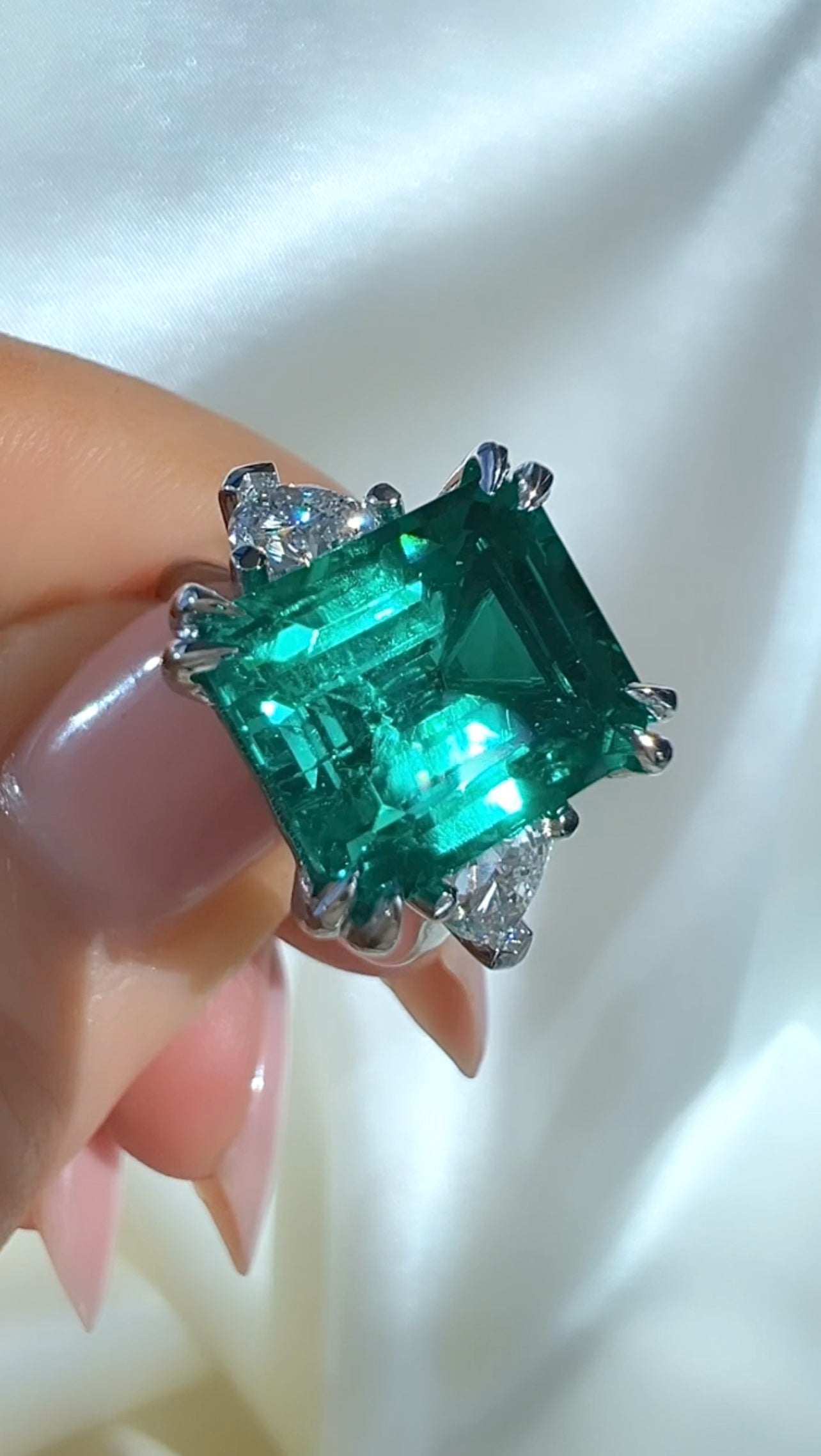 5.92CT Emerald & Lab Diamond Three Stone Ring