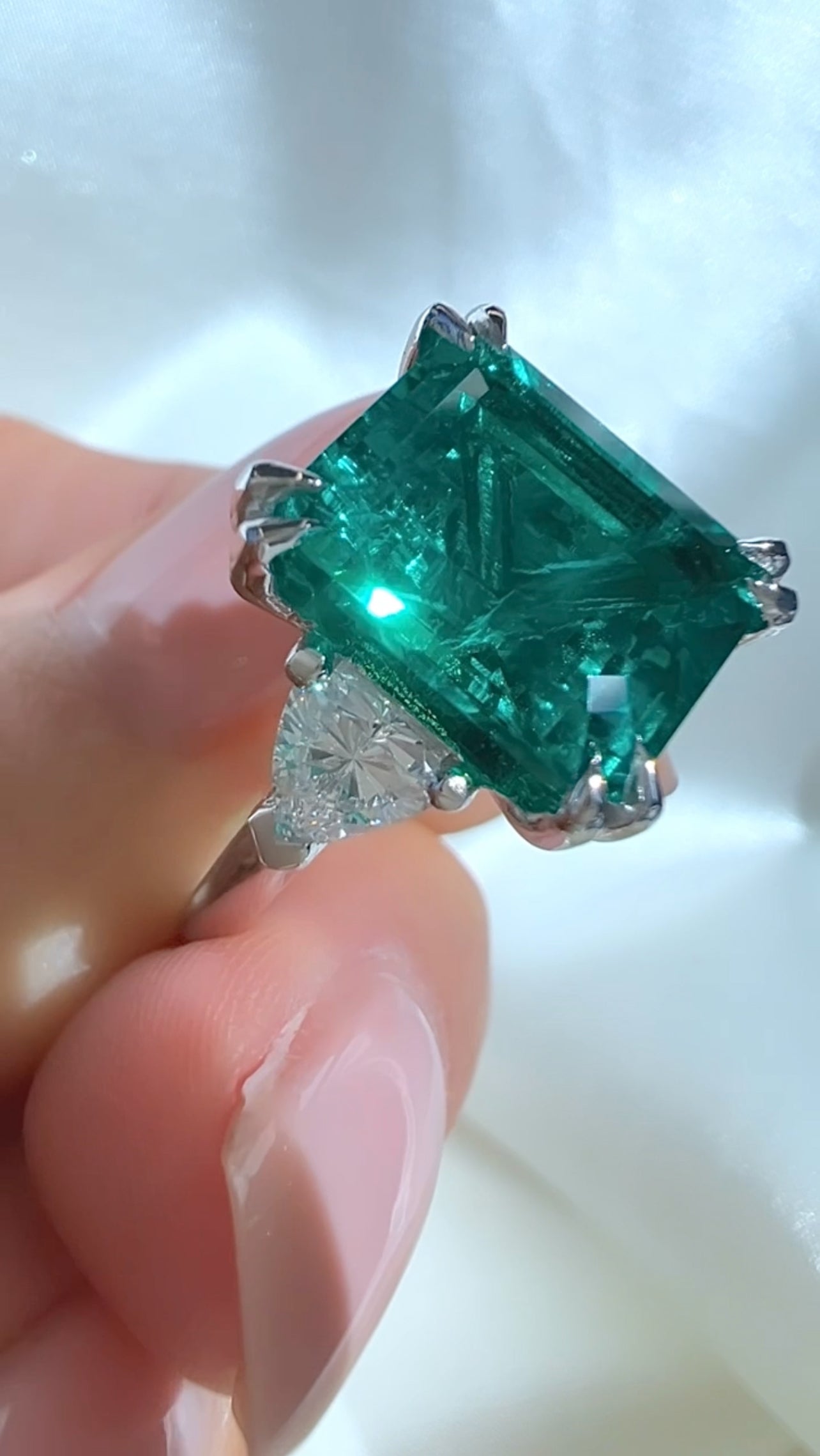 5.92CT Emerald & Lab Diamond Three Stone Ring
