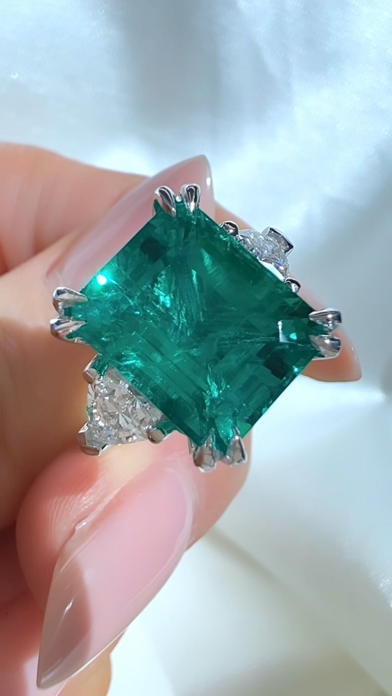 5.92CT Emerald & Lab Diamond Three Stone Ring