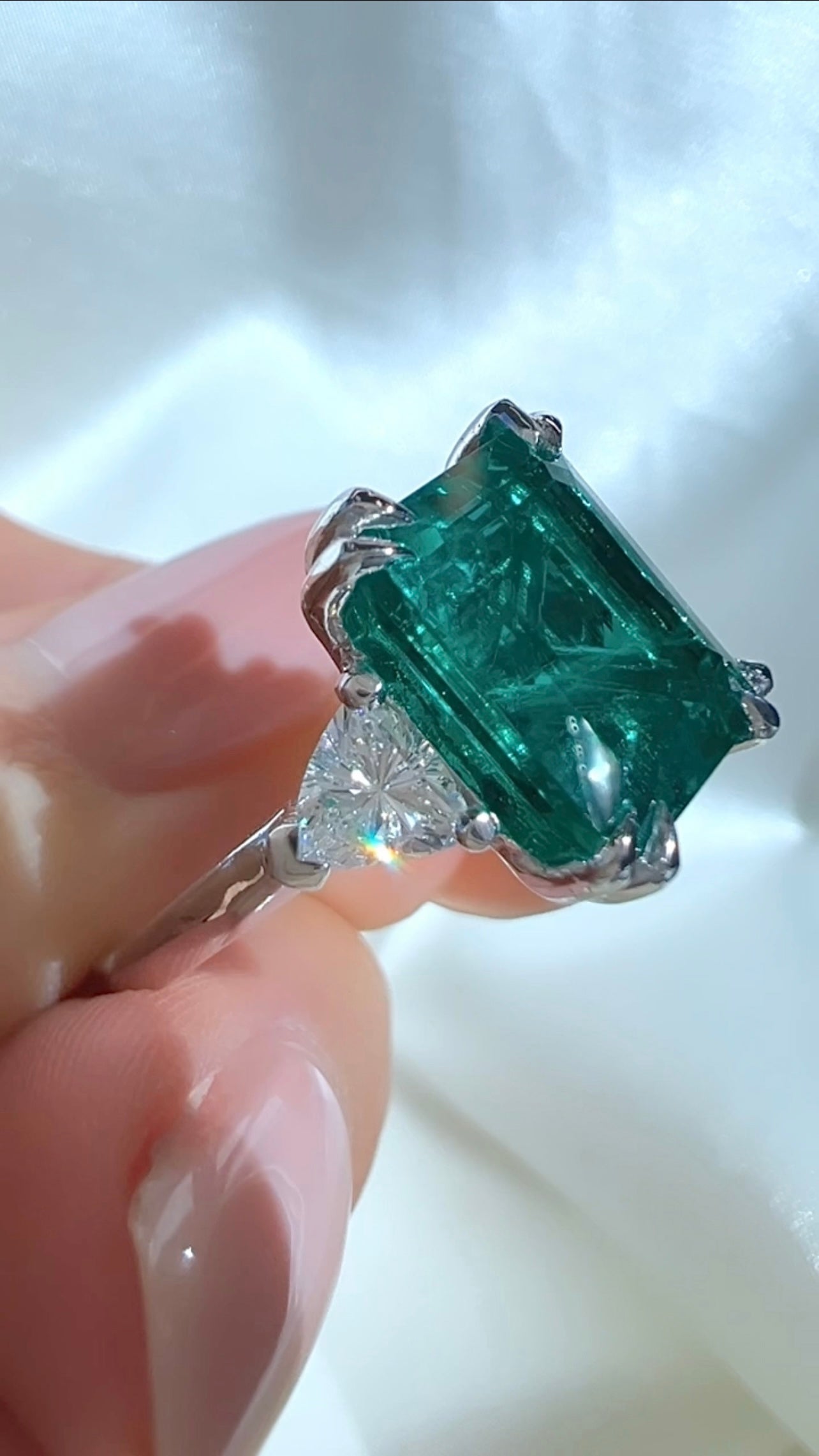 5.92CT Emerald & Lab Diamond Three Stone Ring