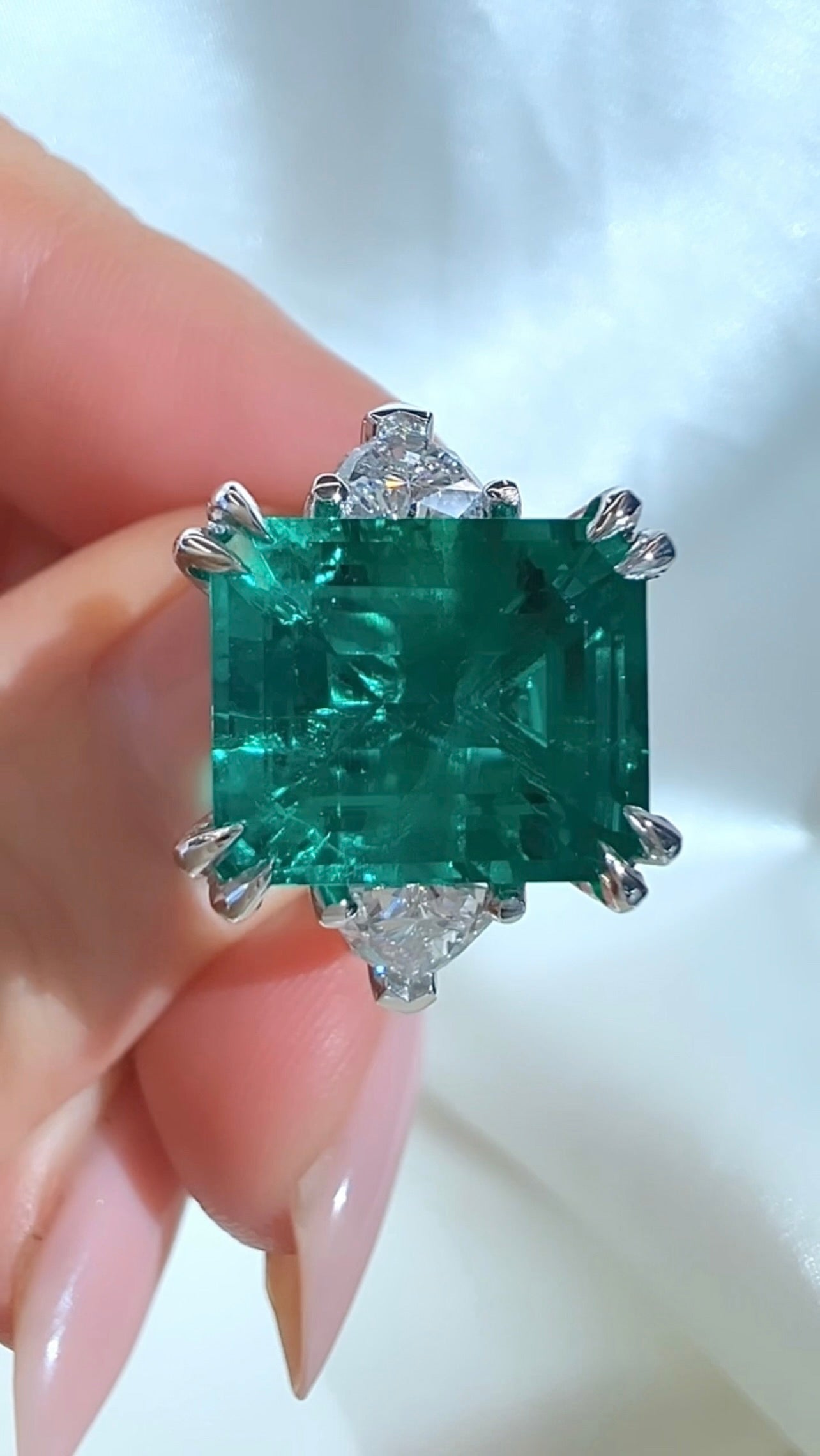 5.92CT Emerald & Lab Diamond Three Stone Ring