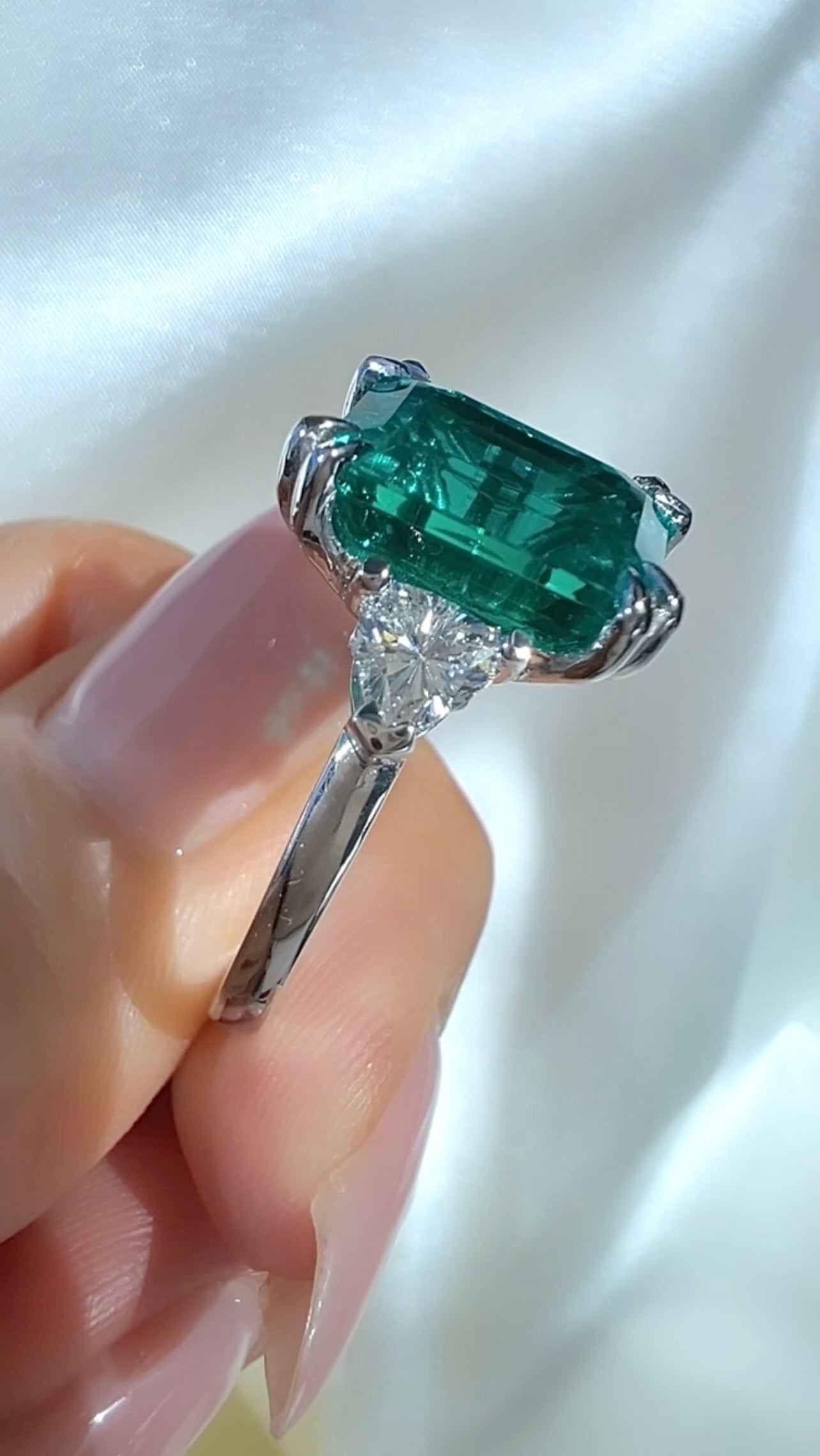 5.92CT Emerald & Lab Diamond Three Stone Ring