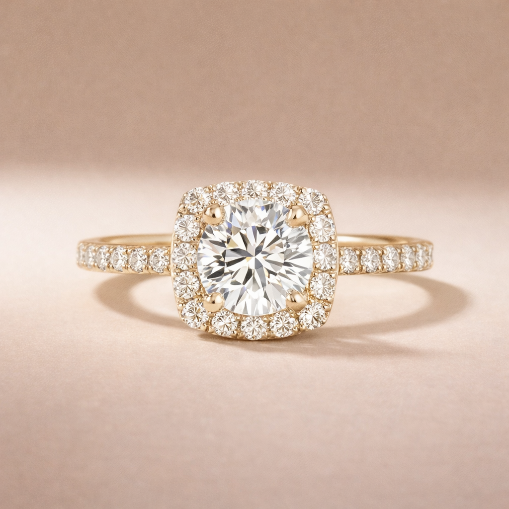 Round Brilliand Cut Halo Engagement Ring With Pave Diamonds
