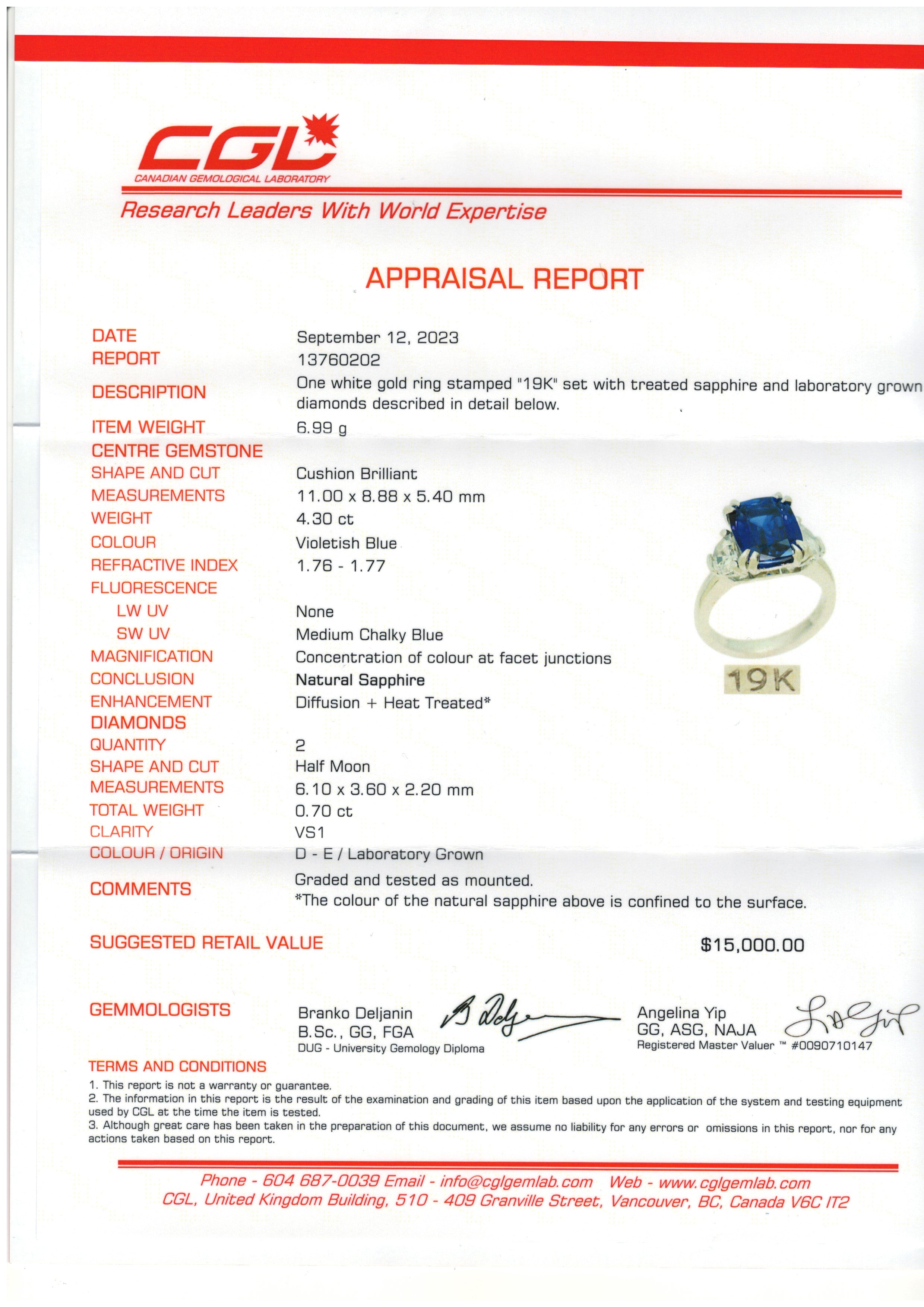 4.30CT Sapphire & Lab Diamond Three Stone Ring