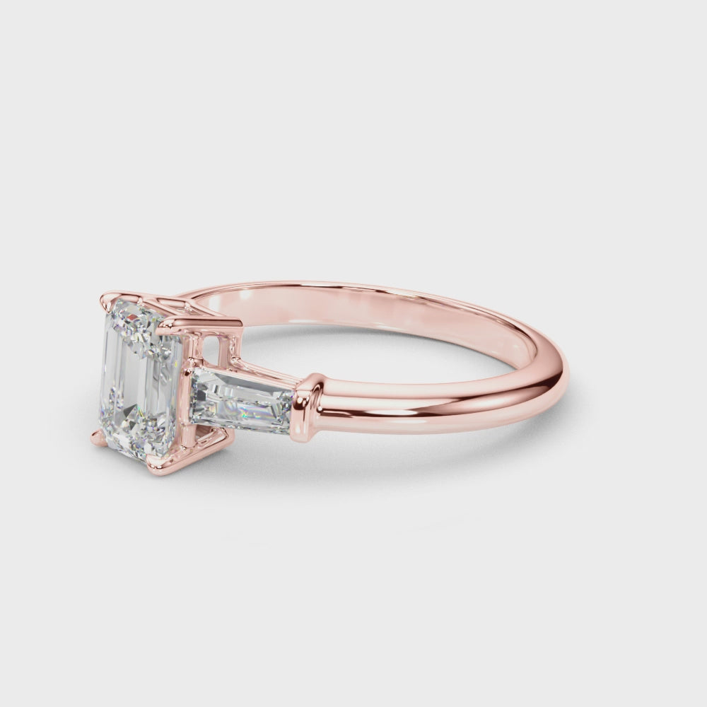 LUX-85336 Emerld Cut Three Stone Engagement Ring With Tapered Baguettes