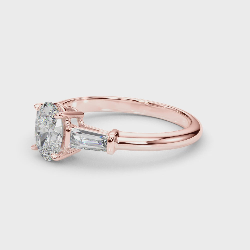 LUX-85329 Oval Cut Three Stone Engagement Ring With Tapered Baguettes
