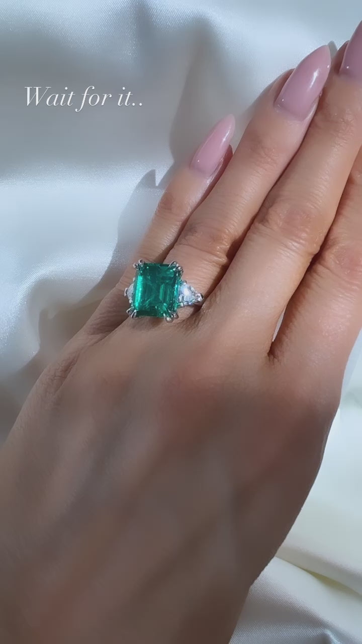 5.92CT Emerald & Lab Diamond Three Stone Ring