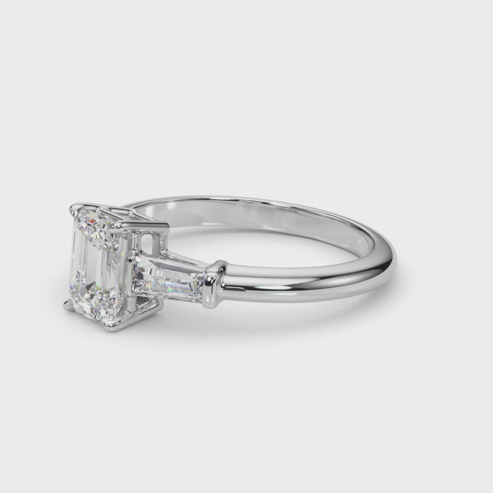 LUX-85336 Emerld Cut Three Stone Engagement Ring With Tapered Baguettes