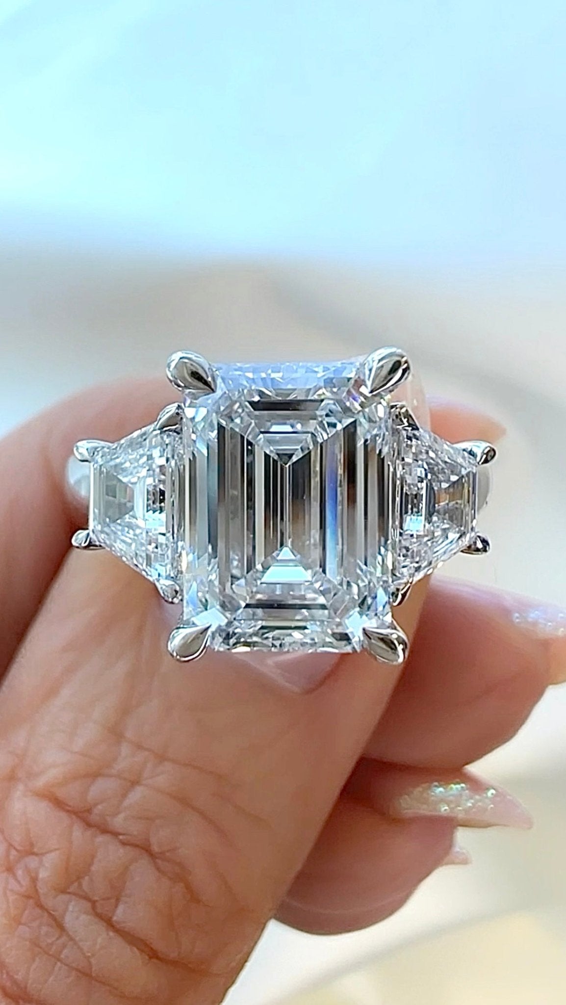 3.82CT Emerald Cut Lab Diamond Three Stone Ring