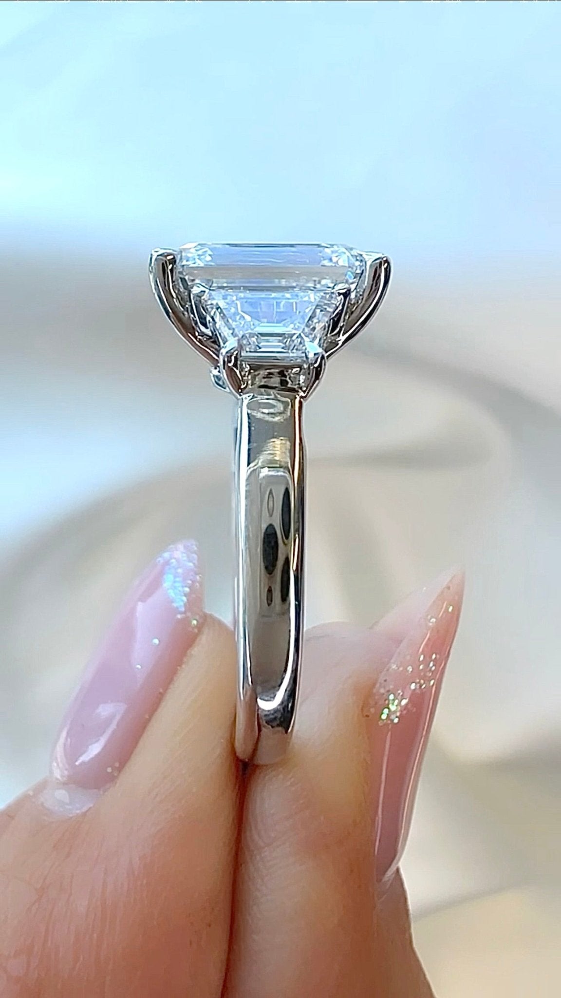 3.82CT Emerald Cut Lab Diamond Three Stone Ring