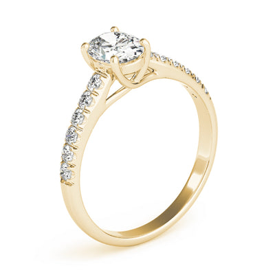 This beautiful oval diamond engagement ring showcases round diamonds in yellow gold