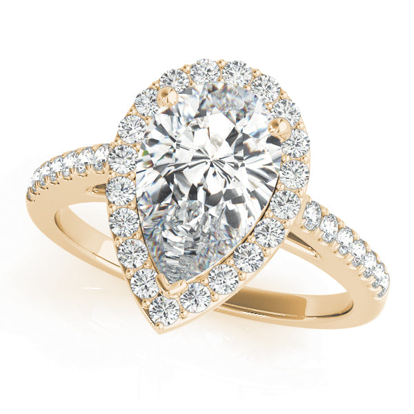 This elegant white gold pear shape halo engagement ring featuring pave set diamonds and your choice of center stone.