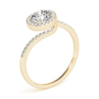 This elegant engagement ring has a twist, features micro pave set diamonds on the curved shank follow with a halo center stone of your choice.