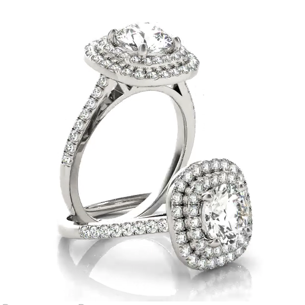 This gorgeous diamond engagement ring features a double halo around the centre diamond of you choice.