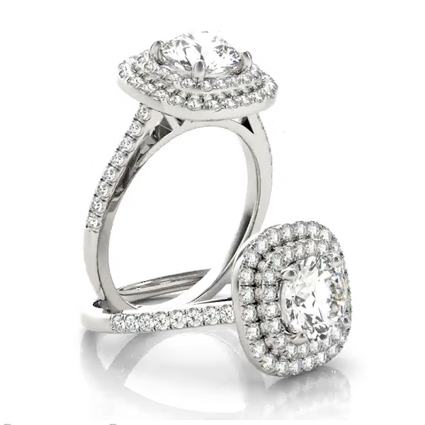 This gorgeous diamond engagement ring features a double halo around the centre diamond of you choice.