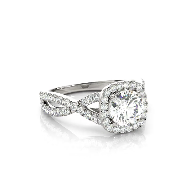 This unique design engagement ring features micro pave set diamonds along the twisted shank and the centre stone of your choice.