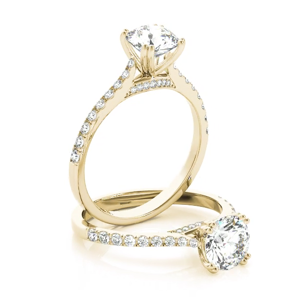 Delicate design  round halo engagement ring. Yellow Gold engagement ring