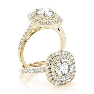 This gorgeous diamond engagement ring features a double halo around the centre diamond of you choice. Yellow Gold