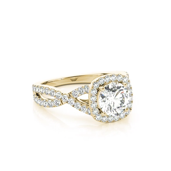 This unique design engagement ring features micro pave set diamonds along the twisted shank and the centre stone of your choice. Yellow gold