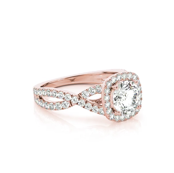This unique design engagement ring features micro pave set diamonds along the twisted shank and the centre stone of your choice. Pink Gold