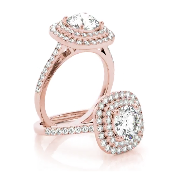 This gorgeous diamond engagement ring features a double halo around the centre diamond of you choice. Pink Gold 14kt