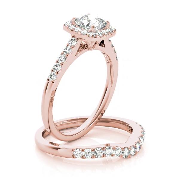 This modern square halo engagement ring features a single row of micro pave set round brilliant cut diamonds and your choice of center stone.